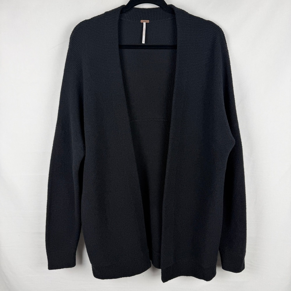 Free People Ottoman Slouchy Cardigan Size S Black Ribbed Pockets Open Front Boho
